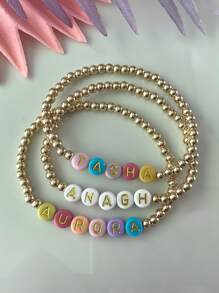 1pc Custom Gold Beaded Name Bracelet, Custom Name Tag, 4mm 14k Gold Plated Round Beads With Colorful Letter Beads Stretch Bracelet, Personalized Gifts For Men And Women, Women's Personalized Bracelet, Unique Gift For Friends/Girlfriends/Family/Mom, Suitable For Women, Mother's Day Gift, Valentine's Day Gift, Christmas, Birthday Gift, Wedding, Party And Daily Wear