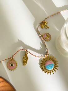 Monlansher Neues original rosa mehrteiliges Bohemien-Stil Damen Halskette mit Elementen wie Hand, Sonnenblume, Schleife, Auge, Schmetterling Anhänger, handgefertigte emaillierte Glasur, modisch elegant für Lässig, Urlaub, Party und Alltag