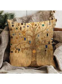 1pc Pillowcase With 2-Sided Gustav Klimt Tree Of Life Design, 18"X18", Bright Polyester Fabric, Machine Washable, Zippered, Hypoallergenic, Suitable For Cozy Bedroom & Living Room Decor (Pillow Insert Not Included)