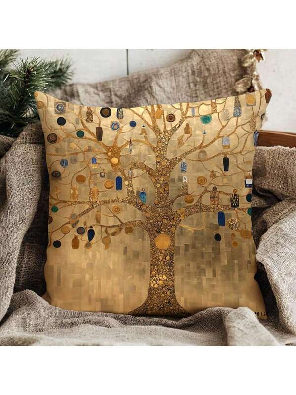 1pc Pillowcase With 2-Sided Gustav Klimt Tree Of Life Design, 18"X18", Bright Polyester Fabric, Machine Washable, Zippered, Hypoallergenic, Suitable For Cozy Bedroom & Living Room Decor (Pillow Insert Not Included)