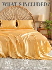 3/4pcs Satin Fitted Sheet Set, Bedding, Bed Sheets, Bed Cover, Silk Fitted Mattress Cover, Skin-Friendly And Comfortable Fitted Sheet For Bedroom, Solid Color Satin Bed Sheets, Deep Pocket Cooling Breathable Bedding, Soft And Silky Minimalism Style Bedding Sheet(1pc Fitted Sheet+1pc Flat Sheet+1/2pcs Pillowcases), For Queen King Twin Full Size, Machine Washable, Perfect Holiday Gift - Champagne - View 2