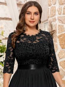 MIUSOL Plus Floral Lace Bodice Flare Hem Evening Party Maxi Formal Dress Black Elegant Prom Wedding Guest Gown, For Graduation, Dinner