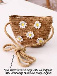 [迷你尺寸] 1 件女孩夏季花卉编织斜挎包，适合日常和度假使用