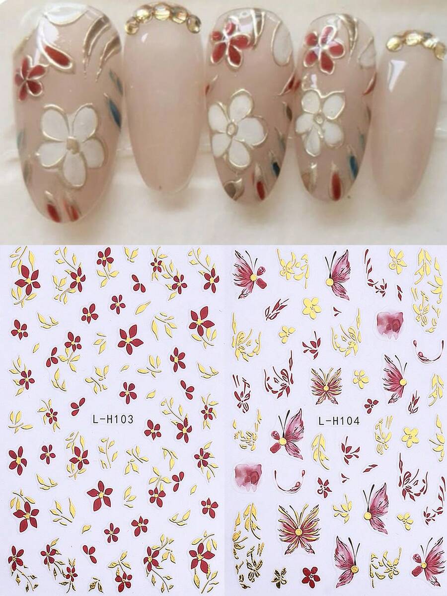 2 件盛开的花朵蝴蝶指甲贴纸金属红金色花朵法式美甲装饰指甲贴花粘性 DIY 贴纸适合女士女孩日式指甲艺术