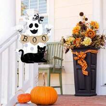 Halloween BOO Decorations Ghost Hanging Sign Front Door Hanger Wreath Decor Indoor Outdoor Yard Wall Decorations Cute Ghost Black Cat Wooden Door Sign For Halloween Party Supplies Room Decor Bedroom Decor Home Decor Halloween Decor Fall Decor - Multicolor - View 6
