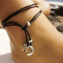 1 pieza Tobillera ajustable casual con cuerda negra, cuentas plateadas, flores, estrellas y luna como decoración, adecuada para uso en vacaciones en la playa de mujeres
