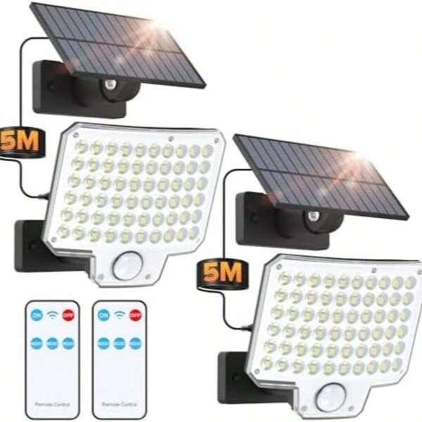 GHUSTAR Applique murale solaire, 240 LED, 3 000 lumens, éclairage d'extérieur sensible au mouvement avec télécommande, projecteur solaire étanche IP65, convient pour garages, patios, etc., lot de 2