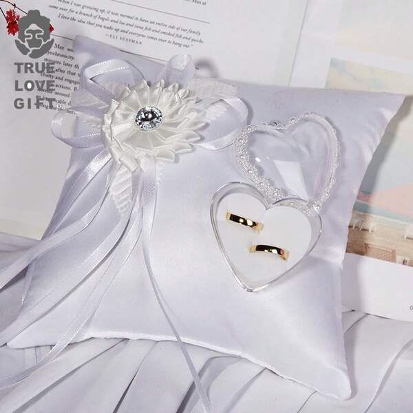 1PC Lace Pearl Wedding Ring Bearer Pillow Holder 7.9 Inch White Wedding Ring Pillow With Ribbon Pearl Bridal Ring Pillow Ring Cushion For Wedding Party Decoration Supplies