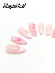 10 Pieces Of Pure Hand-Pressed Wearable Nails,Press On Nails,Nail Supplies,Nails Ptess On,Beach Essentials, 25mm-Length Nail Pieces, Pink White Pink Contrasting Pink Glitter Pink Drawing Convex Shape, Hand-Kneaded Raised Flowers Pink Drawing Golden Small Ball Stamens, Hand-Painted White Lines, Spring And Summer Style, Cute Nail Pieces. Suitable For Daily Leisure And Vacation Wear.