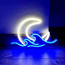 1 Stück Neon Mond und Meer Schild, Größe: ca. 29,5 x 18,5 cm (11,6 x 7,28 Zoll), USB Batterie Dual Use, Sonnenaufgang Sonnenuntergang Neonlicht, Mondlicht Neonlicht, Dämmerungswellen LED Zimmer Dekoration Wandschild, Anime Neon Mond Wanddekor für Bar, Nachtclub, Café, Hotel, Garage, Schlafzimmer, Geburtstagsparty
