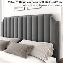 Ataucjin Queen Size Platform Bed Frame With 50.2" Headboard & Footboard,Velvet Upholstered Bed Frame Queen With Vertical Channel Tufted Headboard & Footboard,Nailhead Trim,No Box Spring Needed - Light Grey - View 8