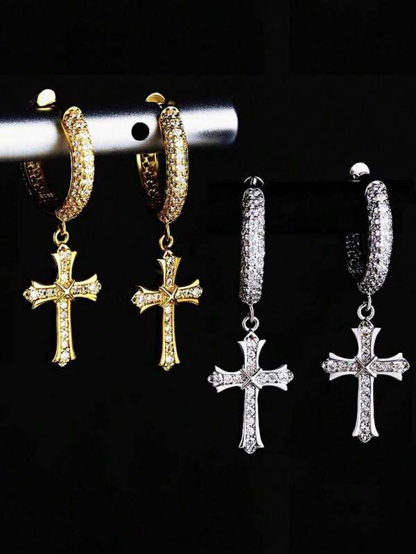 2pcs Titanium Steel Earrings Men's Hip Hop Punk Earrings, Studded With Diamond Cross Earrings Couple Stud Earrings, Suitable For Everyday, Party, Gift Giving