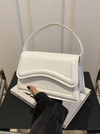 New White Solid Color PU Leather Small Square Handbag, Simple Fashion Outing Versatile