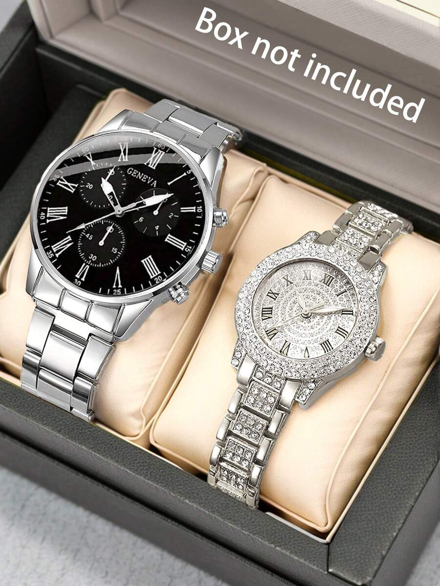 2pcs/Set Quartz Watch Set For Men Women Elegant Fashion Watch, Couple Watch With Soft Stainless Steel Strap, Suitable For Daily Wear And Valentine's Day Gift