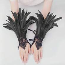 Women Lace Artificial Feather Gloves Witch Angel Costume Accessories Swan Wings Wrist Bands Halloween Accessories