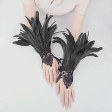 Women Lace Artificial Feather Gloves Witch Angel Costume Accessories Swan Wings Wrist Bands Halloween Accessories