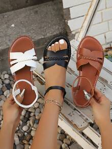 2025 Spring/Summer New Fashion Breathable Sandals, Round Toe Open Toe Anti-Slip Soft Bottom Woven Flat Casual Retro Roman Beach Sandals In White, Black, Brown Colors - White - View 8