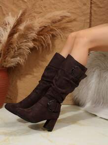 New European & American Tall Boots For Autumn/Winter, Suede Over-The-Knee Mid-Calf Boots With High Heel And Belt Buckle Closure, Thick Heel Ladies Knee-High Boots,Party