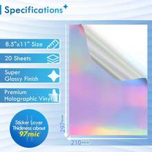 20 hojas de 8"X11.7" de papel de etiquetas adhesivas holográficas imprimibles con tinta - Papel de etiquetas adhesivas de vinilo resistente al agua con colores vibrantes, resistente al desgarro, útiles escolares, de vuelta al cole - arcoíris - Ver 3