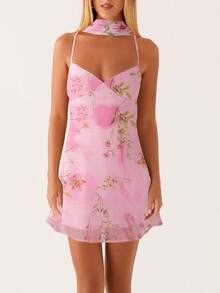 Women Y2k Floral Mini Dress Flower Halter Sheer Mesh Tie Back Short Dresses Summer Party Dress With Scarf - 粉色 - 查看 1