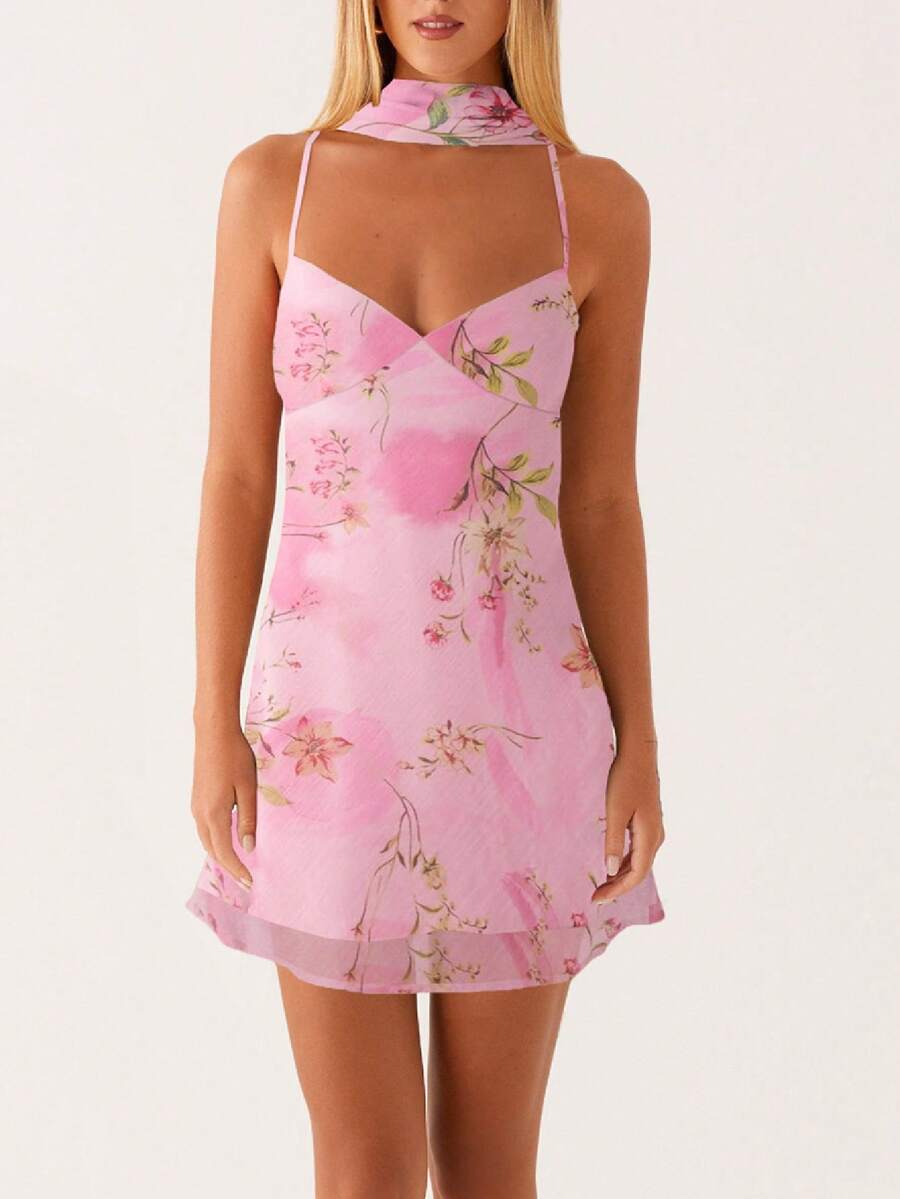 Women Y2k Floral Mini Dress Flower Halter Sheer Mesh Tie Back Short Dresses Summer Party Dress With Scarf - 粉色 - 查看 1