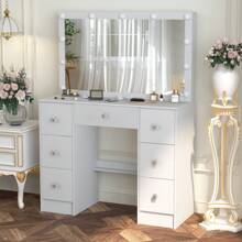 Teousev Dressing Table Large 7 Drawers Vanity Set Makeup Desk W/ LED Makeup Mirror White