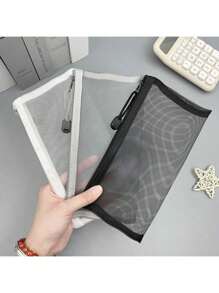 3 Pieces Clear Pencil Pouch Makeup Bags With Zipper Nylon Mesh Pen Pouch Pencil Case Stationery Storage Bag For School&Office Supplies Cosmetics Travel Accessories (Black, White, Grey), Back To School, School Supplies, Pencil Pouch, School Bag