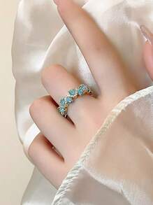 1pc High-End Elegant Light Blue Synthetic Inlaid Lady Ring, Classic Dignified Vacation Style Single Ring For Party, Events