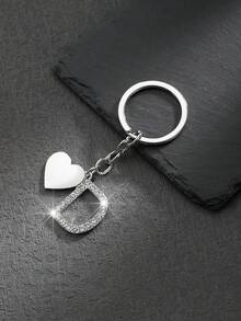 1pc Heart Shaped English Letter Keychain Pendant Accessory, Minimalist & Personalized Style With Transparent Rhinestone Inlay, Suitable For Men, Women, Couples, Car Keys, Bags And Gifts - Silver - View 12