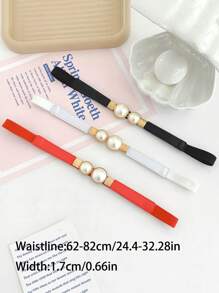1pc Faux Pearl Pair Buckle Thin Belt Monochrome Elastic Waistband Vintage Versatile Coat Dress Girdle