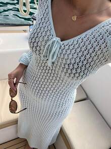 FOR BEAUTY V-Neck Sexy Hollow-Out Long Sleeve Knitted Beach Dress, Slim-Fit Lightweight With Sheer Effect, Suitable For Beach, Seaside, Swimming, Music Festivals, Vacation, Etc. - White - View 8