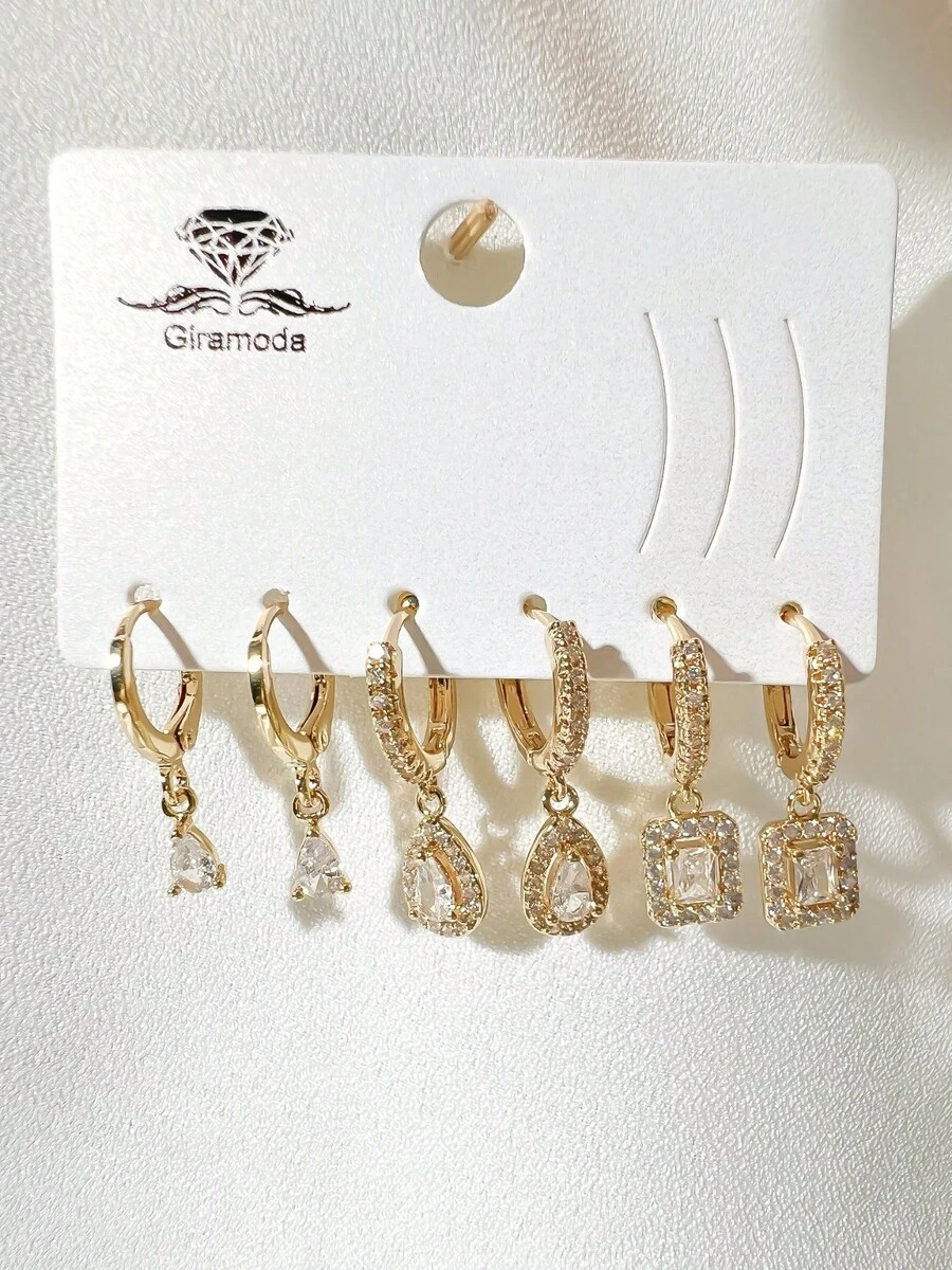 Kit 3 Pairs Of Hoop Earrings Studded With Zirconia Stone, Heart/Drop/Pearl Pendant, 18k Gold Semi-Jewelry, 925 Silver - 20 - 查看 1