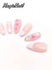 10 Pieces Of Pure Hand-Pressed Wearable Nails,Press On Nails,Nail Supplies,Nails Ptess On,Beach Essentials, 25mm-Length Nail Pieces, Pink White Pink Contrasting Pink Glitter Pink Drawing Convex Shape, Hand-Kneaded Raised Flowers Pink Drawing Golden Small Ball Stamens, Hand-Painted White Lines, Spring And Summer Style, Cute Nail Pieces. Suitable For Daily Leisure And Vacation Wear.