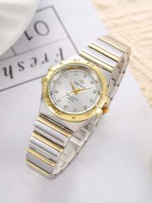 1 pieza Reloj de cuarzo de acero inoxidable con diamantes de imitación, de mujer, de moda, minimalista y versátil de lujo