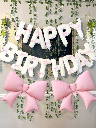 35/37pcs White & Pink Happy Birthday Bow Balloons Set, Includes White Happy Birthday Banner Balloon, Pink Satin Bow Ties, Light Pink Bow Balloons, For Bow Birthday Decor, Birthday, Valentine's Day, Home Birthday Party, Wedding, Photo Props, Princess Birthday Party, Bridal Shower, Bachelorette Party, Influencer Outdoor Shoot Decor, Pink & Black Mouse Theme Party