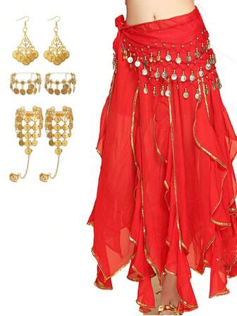 Juego de 5 piezas de accesorios de danza del vientre para actuaciones en el escenario, cadena para la cintura de danza del vientre, danza jazz, cadena sexy para la cintura de mujer, anillo para la cintura, brazalete exquisito (o elija el estilo 2, falda individual).