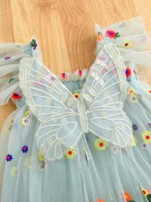1pc Young Girls Cute Princess Glamorous Butterfly Decor Cap Sleeve Floral Embroidery Tulle Tutu Dress, Party/Birthday/Beach Vacation Dress, For Spring/Summer/Autumn