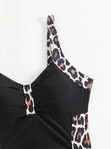 大码女士优雅豹纹拼接连体泳衣 - 弹力可机洗沙滩装，高弹面料豹纹泳衣，优雅休闲波西米亚性感针织面料，适合海滩、旅行、运动健身、春夏度假等场合。 - 黑色+豹紋 - 查看 10