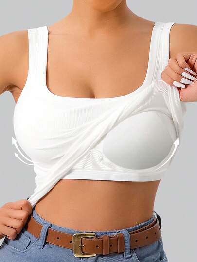 1pc Extra Large U-Shaped Back Camisole For Women, With Chest Pad, Slim Fit, Solid Color, Wear Alone Or As Layering Base, White