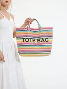 Bolsa tote de palha grande com letras listradas coloridas e bordadas, leve e prática, cor contrastante, bolsa para viagem na praia, adequada para mulheres, bolsa versátil, bolsa para laptop, bolsa de múmia, bolsa de viagem, bolsa grande unissex