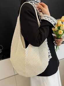 Yogodlns 时尚女士镂空编织单肩包大容量针织腋下包纯色钩针托特包夏季网眼沙滩包休闲大容量棉织包镂空设计单肩包女旅行度假沙滩包 - 米色 - 查看 7