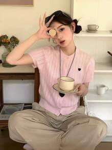 甜美可爱韩版心形针织开衫轻薄短袖女夏季