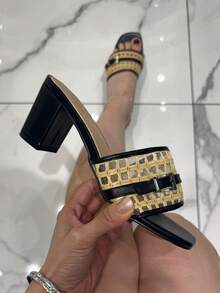 Women's Adjustable Buckle Chunky Heel Slide Sandals - Black - View 3