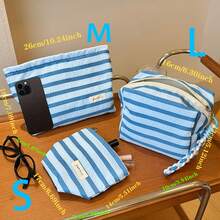 L/M/S Set Includes Makeup Bag, 1pc Foldable Blue And White Striped Makeup Bag, Fashion Vacation Style Cosmetic Pouch, Handheld Makeup Bag, Big Capacity Toiletry Bag, Pillow Bag, Simple Striped Ladies' Clutch, Bathroom Shower Storage Cosmetic Bag, Wallet, Travel Essentials, Beach/School Supplies, College Dorm Necessities - [H&R BAG]For Summer Holiday Back To School School Stuff Bag For School Travel Bag For Women Makeup Bag For Travel Make Up Bag - Blue and White - View 5