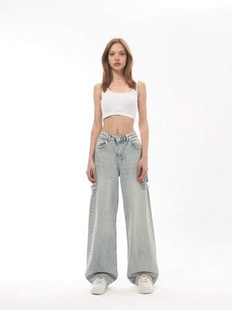 Women's Solid Color Button Pocket Zipper Denim Jeans