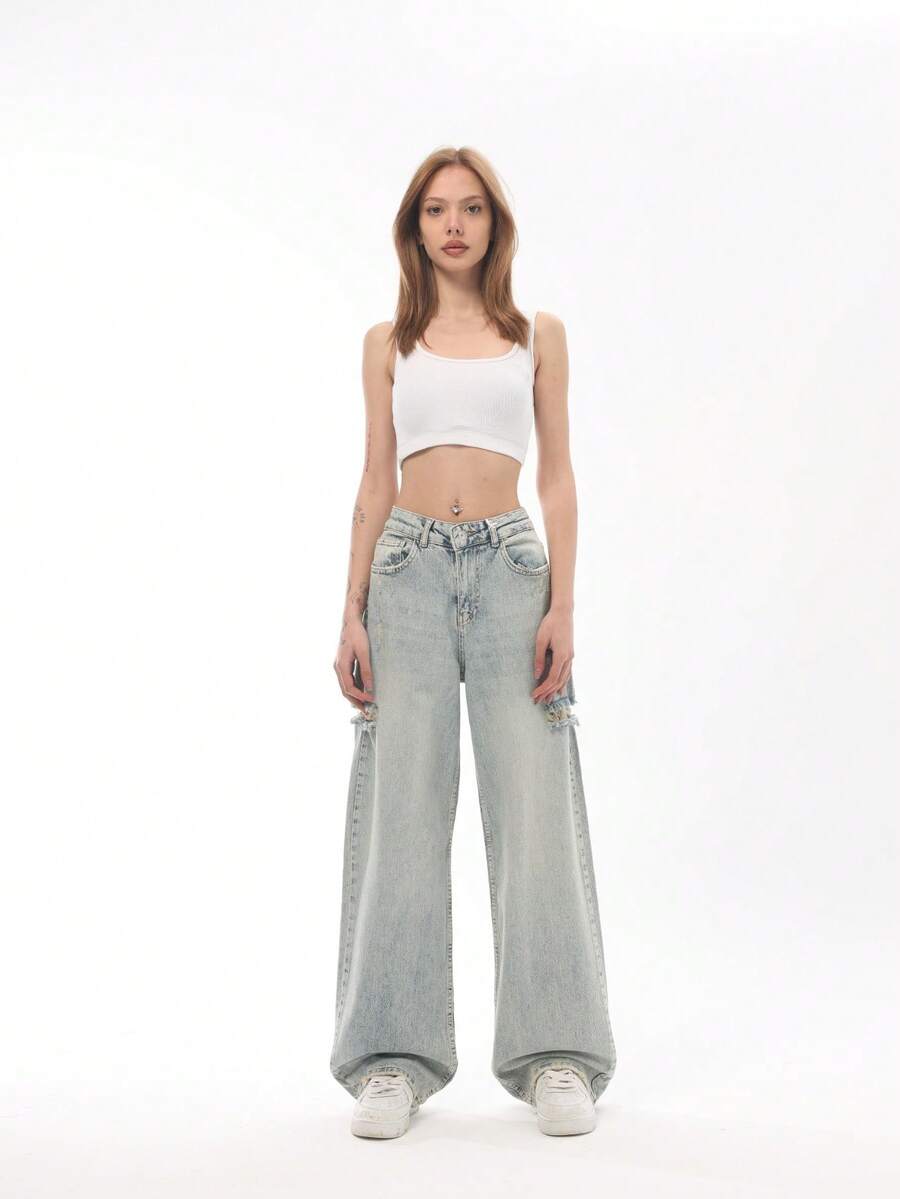 女式纯色纽扣口袋拉链牛仔裤 - 藍色 - 查看 1