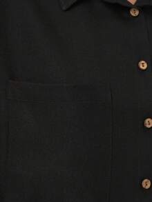 Basic Oversized Casual Button Front Shirt, Solid Color - Black - View 2