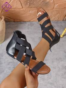 Sandal đế bằng rộng cho nữ, quai thun co giãn, kiểu dáng rộng rãi thoải mái, sandal chiến binh, sandal ngoài trời thanh lịch, có khóa kéo, phụ kiện cần thiết cho mùa hè. - màu đen - Xem 1
