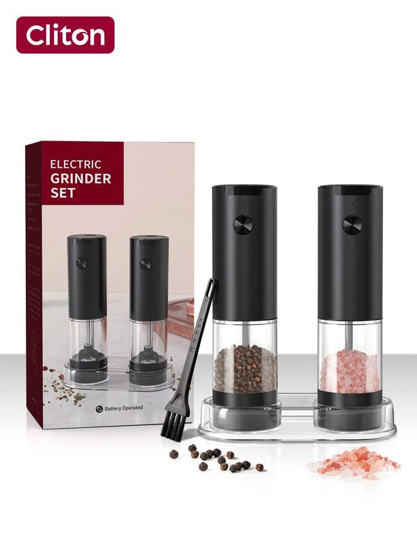 CLITON Electric Salt And Pepper Grinder Set, Automatic Salt And Pepper Grinder Set, One Handed Operation Refillable Mill With Light, Adjustable Coarseness - 2 Mills,Electric Salt And Pepper Shakers 2 Set,Battery Operated Salt And Pepper Grinder Set Battery Powered With LED Light, Electric Pepper And Salt Grinder Mill & Reffiable Adjustable Coarseness