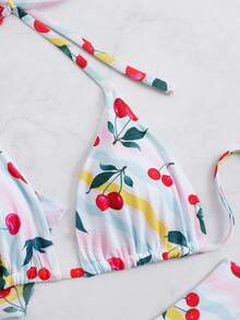 全花卉印花性感比基尼套装，休闲可爱优雅设计，带纽扣 - 白色 - 查看 3